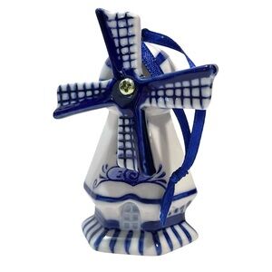 Vintage 1990s Kurt Adler Delft Blue Porcelain Dutch Windmill Ornament